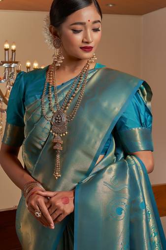 blue woven pure silk blend designer pallu saree with blouse