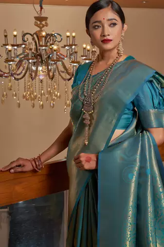 blue woven pure silk blend designer pallu saree with blouse