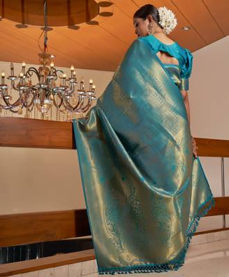 blue woven pure silk blend designer pallu saree with blouse 3