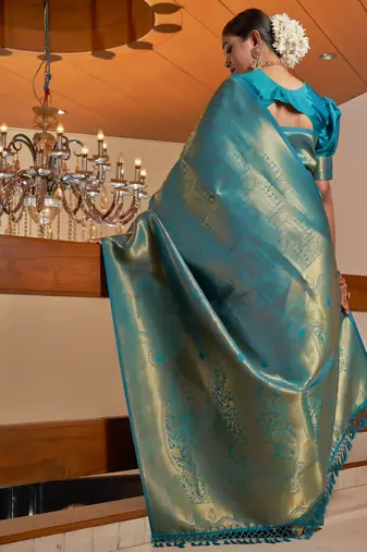 blue woven pure silk blend designer pallu saree with blouse