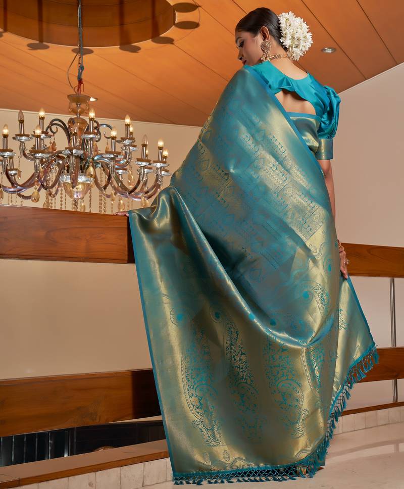 blue woven pure silk blend designer pallu saree with blouse