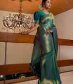 green woven pure silk blend designer pallu saree with blouse