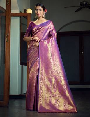 purple woven pure silk blend designer pallu saree with blouse 1