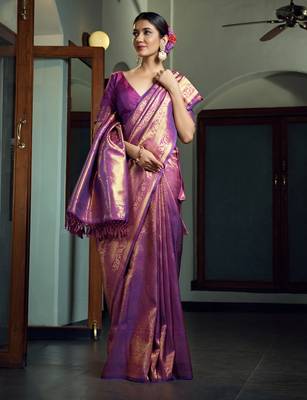 purple woven pure silk blend designer pallu saree with blouse 2