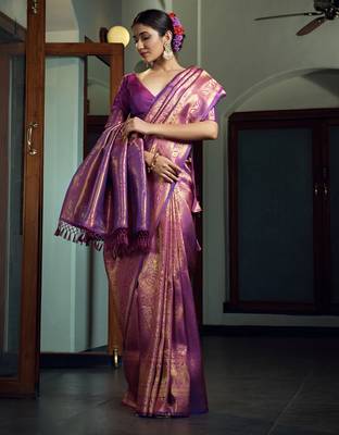purple woven pure silk blend designer pallu saree with blouse 3