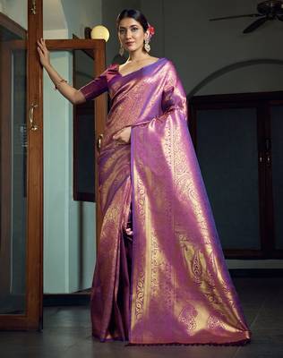 purple woven pure silk blend designer pallu saree with blouse 4