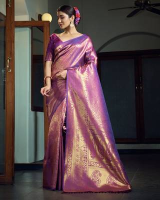 purple woven pure silk blend designer pallu saree with blouse 5
