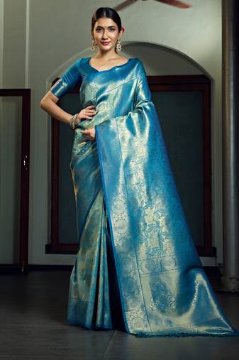 blue woven pure silk blend designer pallu saree with blouse