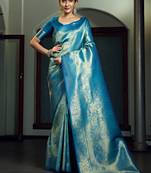 blue woven pure silk blend designer pallu saree with blouse