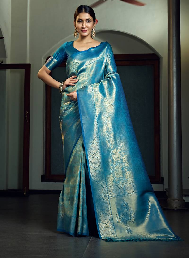 blue woven pure silk blend designer pallu saree with blouse