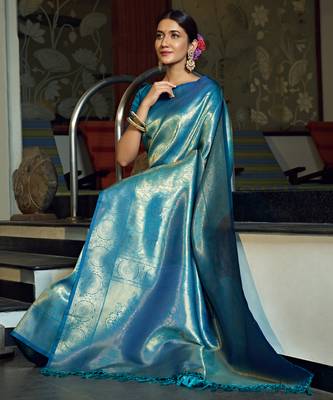 blue woven pure silk blend designer pallu saree with blouse 2