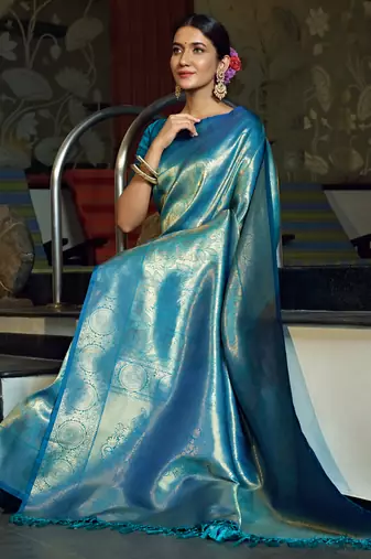 blue woven pure silk blend designer pallu saree with blouse