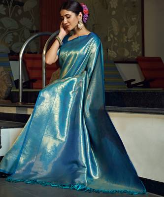 blue woven pure silk blend designer pallu saree with blouse 3