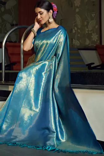 blue woven pure silk blend designer pallu saree with blouse