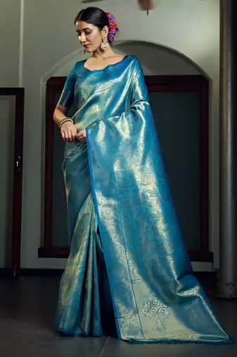 blue woven pure silk blend designer pallu saree with blouse