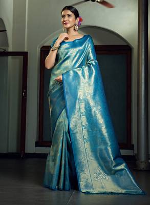 blue woven pure silk blend designer pallu saree with blouse 5