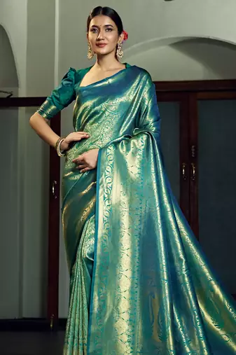 teal blue woven pure silk blend designer pallu saree with blouse