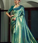 teal blue woven pure silk blend designer pallu saree with blouse