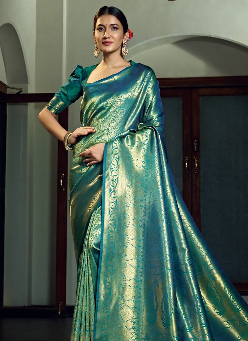 teal blue woven pure silk blend designer pallu saree with blouse
