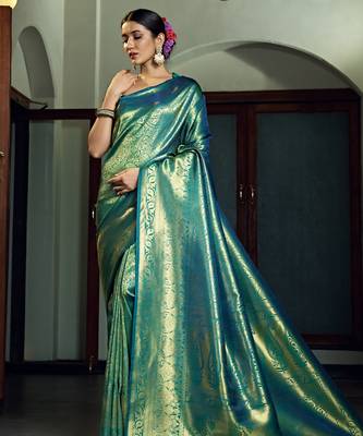 teal blue woven pure silk blend designer pallu saree with blouse 2