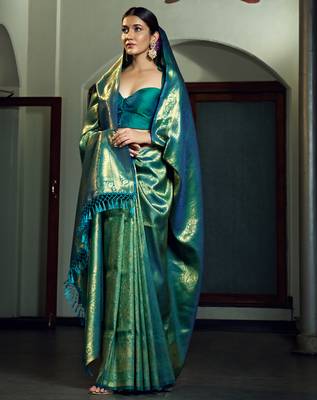 teal blue woven pure silk blend designer pallu saree with blouse 3