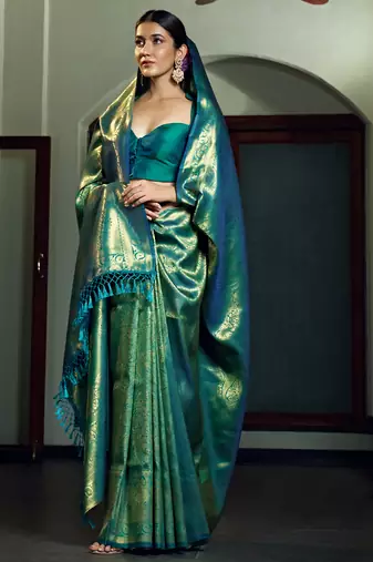 teal blue woven pure silk blend designer pallu saree with blouse