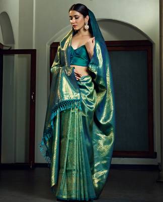 teal blue woven pure silk blend designer pallu saree with blouse 4