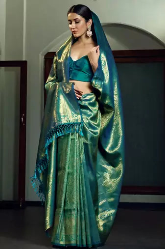 teal blue woven pure silk blend designer pallu saree with blouse