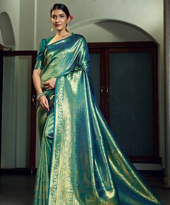 teal blue woven pure silk blend designer pallu saree with blouse 5