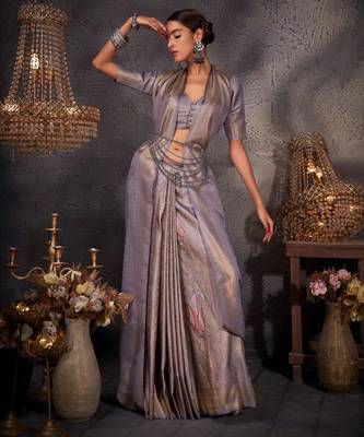 grey woven pure silk blend designer pallu saree with blouse 1