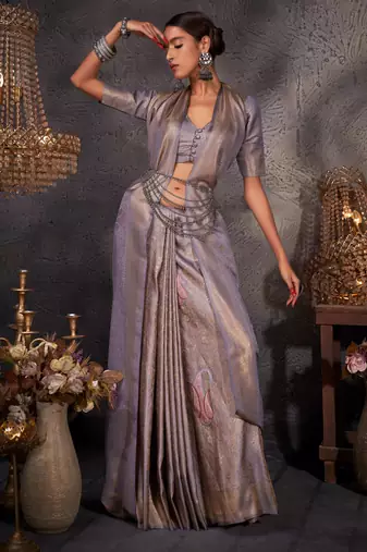 grey woven pure silk blend designer pallu saree with blouse