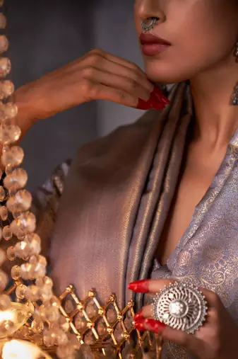 grey woven pure silk blend designer pallu saree with blouse