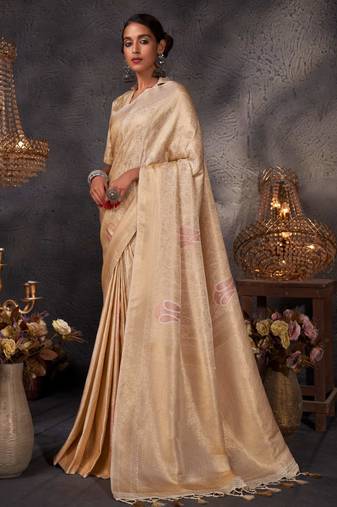 cream woven pure silk blend designer pallu saree with blouse