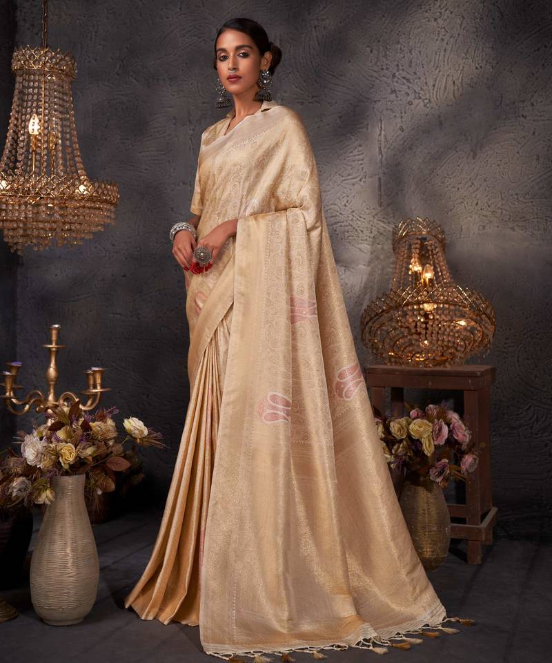 cream woven pure silk blend designer pallu saree with blouse