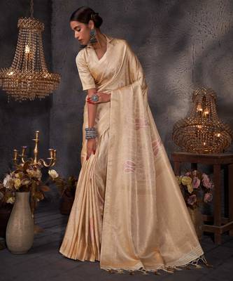 cream woven pure silk blend designer pallu saree with blouse 2