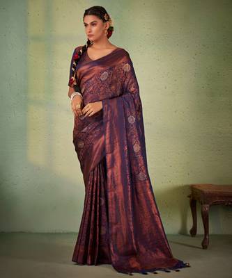 navy blue woven pure silk blend designer pallu saree with blouse 1
