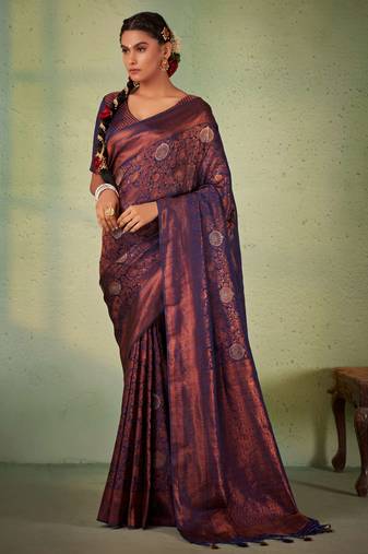 navy blue woven pure silk blend designer pallu saree with blouse