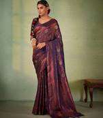navy blue woven pure silk blend designer pallu saree with blouse