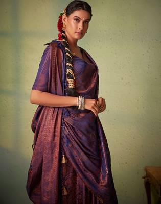 navy blue woven pure silk blend designer pallu saree with blouse 2