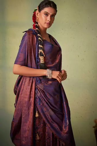 navy blue woven pure silk blend designer pallu saree with blouse