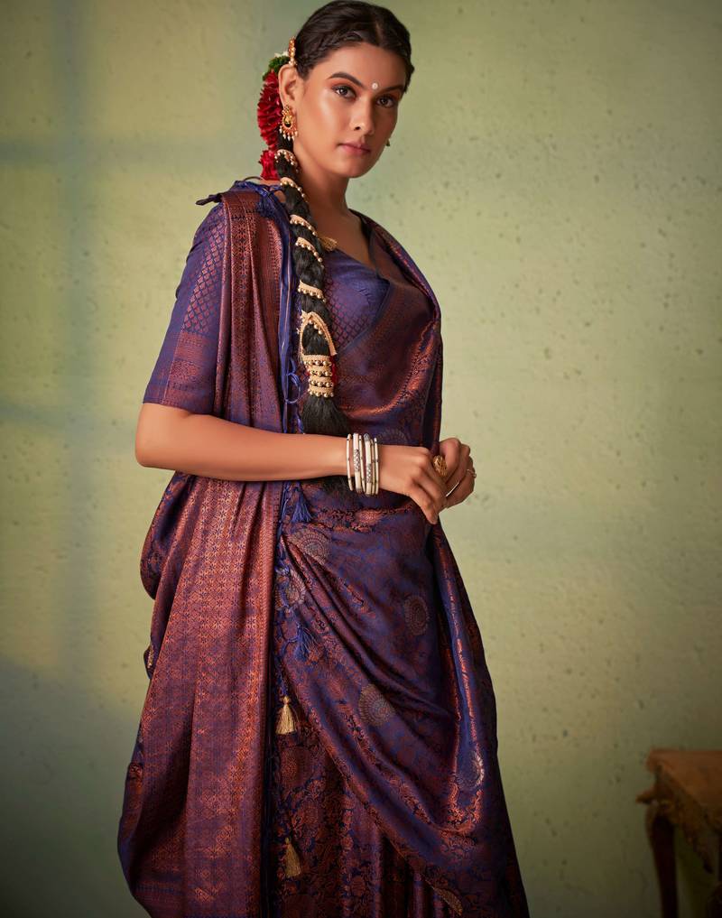navy blue woven pure silk blend designer pallu saree with blouse