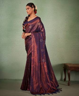 navy blue woven pure silk blend designer pallu saree with blouse 3