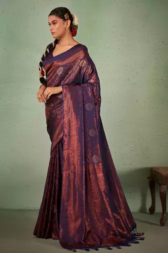 navy blue woven pure silk blend designer pallu saree with blouse