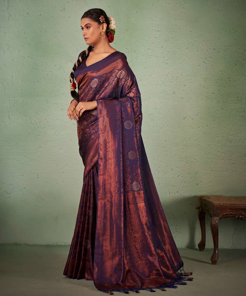 navy blue woven pure silk blend designer pallu saree with blouse
