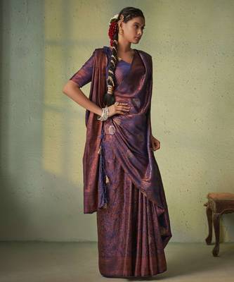 navy blue woven pure silk blend designer pallu saree with blouse 4