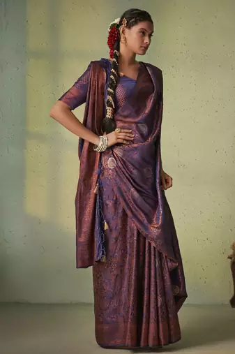 navy blue woven pure silk blend designer pallu saree with blouse