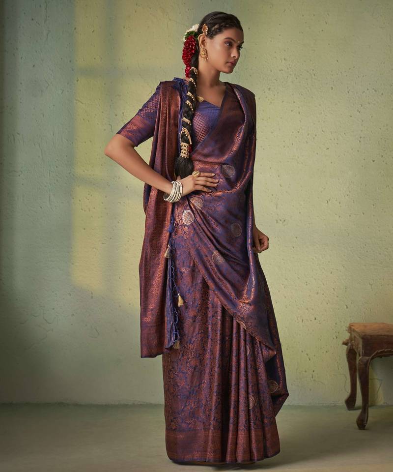 navy blue woven pure silk blend designer pallu saree with blouse