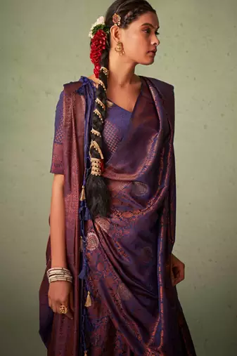 navy blue woven pure silk blend designer pallu saree with blouse