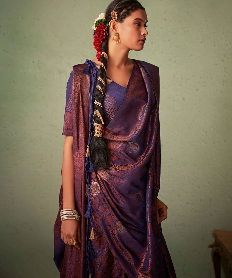 navy blue woven pure silk blend designer pallu saree with blouse