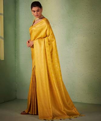 yellow woven pure silk blend designer pallu saree with blouse 2
